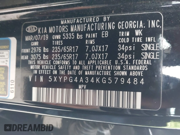 2019 Kia Sorento LX with VIN 5XYPG4A34KG579484, listed as a IAAI auction lot 40971250 with 142,327 mi miles. Bid and sale history available at carsss.com. Image 9.