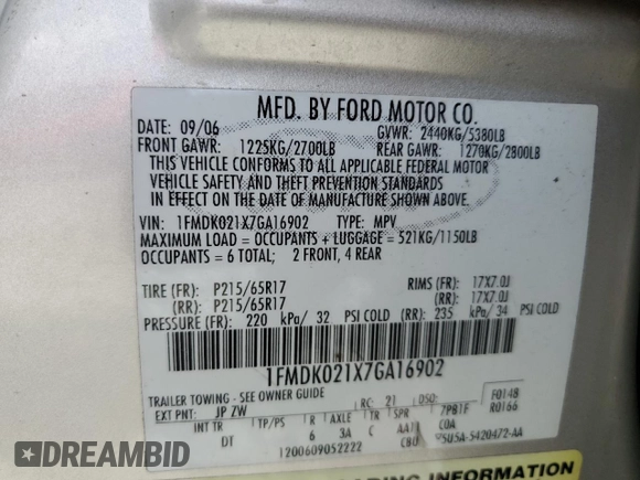 2007 Ford Freestyle SEL with VIN 1FMDK021X7GA16902, listed as a Copart auction lot 61193015 with 176,338 mi miles and Salvage title. Bid and sale history available at DreamBid. Image 13.
