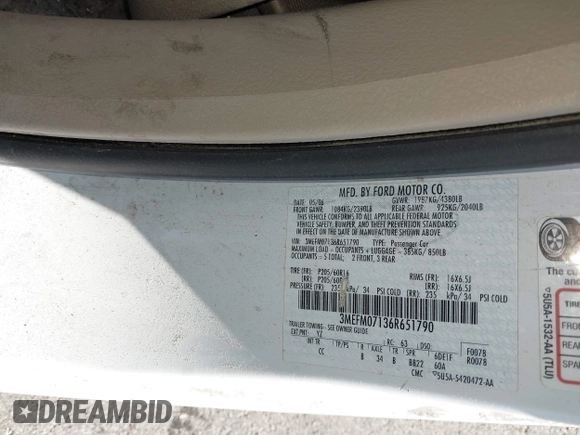 2006 Mercury Milan with VIN 3MEFM07136R651790, listed as a IAAI auction lot 41476480 with 149,677 mi miles and . Bid and sale history available at DreamBid. Image 9.