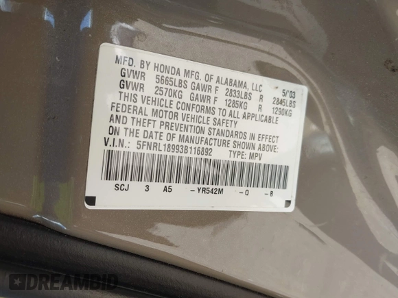2003 Honda Odyssey EX-L z VIN 5FNRL18993B116892, wystawiony jako IAAI lot #42241908 z przebiegiem 276 223 mil mil oraz . Historia ofert i sprzedaży dostępna na DreamBid. Obrazek 9.