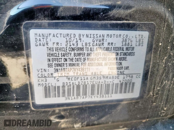 2019 Nissan Sentra S with VIN 3N1AB7AP7KY438111, listed as a Copart auction lot 57525855 with 77,122 mi miles and Salvage title. Bid and sale history available at DreamBid. Image 12.