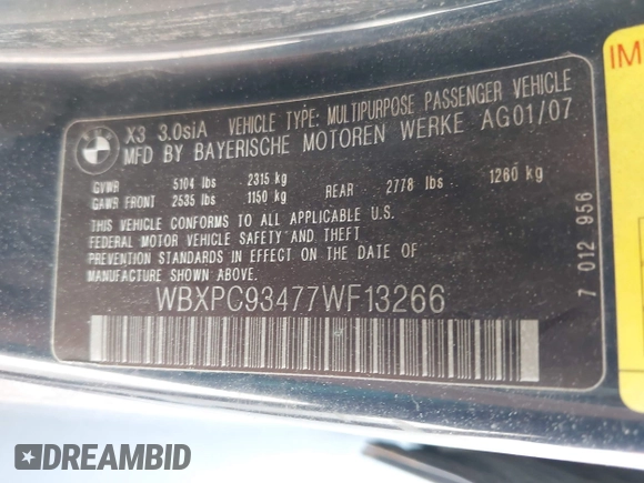 2007 BMW X3 3.0si with VIN WBXPC93477WF13266, listed as a IAAI auction lot 42672586 with 167,796 mi miles and . Bid and sale history available at DreamBid. Image 9.
