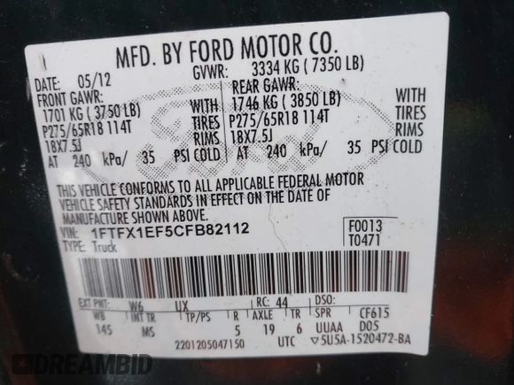 2012 Ford F-150 XL with VIN 1FTFX1EF5CFB82112, listed as a IAAI auction lot 41683025 with 202,686 mi miles and . Bid and sale history available at DreamBid. Image 9.