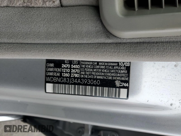 2004 Mercedes-Benz S-Class 4.3L with VIN WDBNG83J34A393060, listed as a Copart auction lot 44951755 with 0 mi miles and Salvage Title. Bid and sale history available at carsss.com. Image 13.