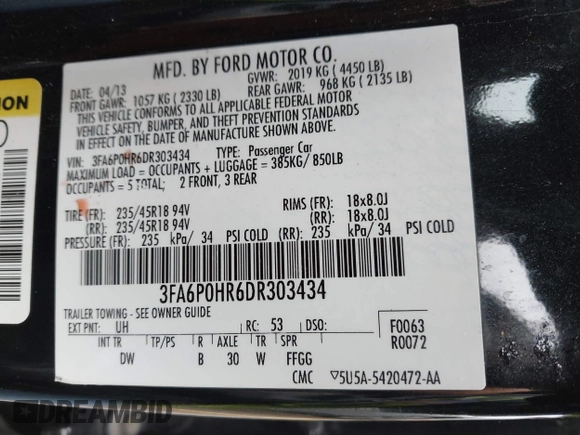 2013 Ford Fusion SE with VIN 3FA6P0HR6DR303434, listed as a IAAI auction lot 42366329 with 188,062 mi miles and . Bid and sale history available at DreamBid. Image 9.