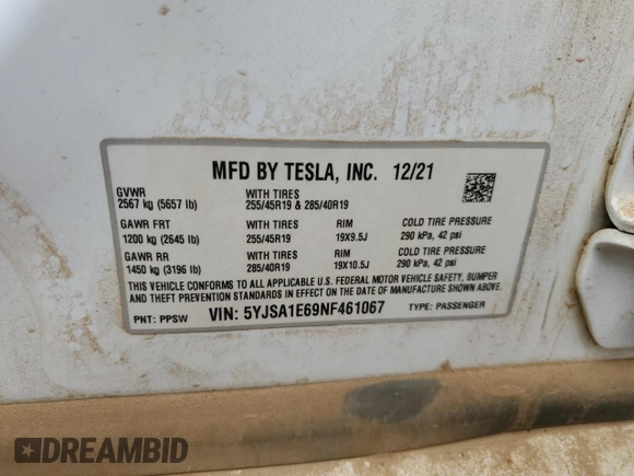 2022 Tesla Model S Plaid with VIN 5YJSA1E69NF461067, listed as a Copart auction lot 50060685 with 46,785 mi miles and Salvage Title. Bid and sale history available at DreamBid. Image 14.
