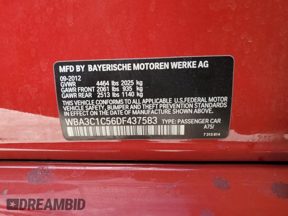 2013 BMW 3 Series 328i with VIN WBA3C1C56DF437583, listed as a Copart auction lot 48621045 with 92,882 mi miles and Salvage title. Bid and sale history available at DreamBid. Image 14.