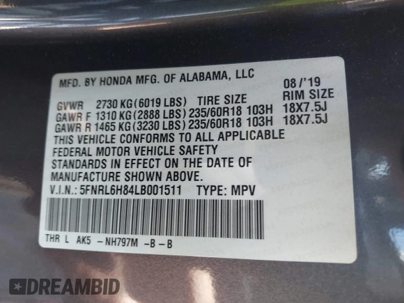 2020 Honda Odyssey Touring z VIN 5FNRL6H84LB001511, wystawiony jako IAAI lot #42194828 z przebiegiem 218 269 mil mil oraz . Historia ofert i sprzedaży dostępna na DreamBid. Obrazek 9.