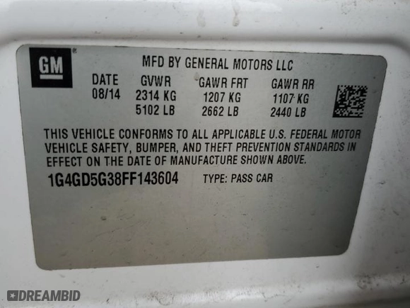 2015 Buick LaCrosse Premium I with VIN 1G4GD5G38FF143604, listed as a Copart auction lot 43588525 with 145,688 mi miles and Salvage Title. Bid and sale history available at carsss.com. Image 12.