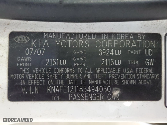 2008 Kia Spectra EX with VIN KNAFE121185494050, listed as a Copart auction lot 68599644 with 165,610 mi miles and Clean Title. Bid and sale history available at carsss.com. Image 12.