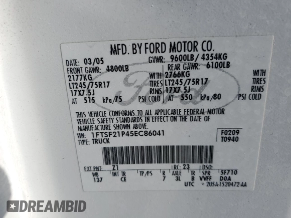 2005 Ford F-250 XL with VIN 1FTSF21P45EC86041, listed as a Copart auction lot 87603895 with 162,299 mi miles and Salvage Title. Bid and sale history available at DreamBid. Image 14.