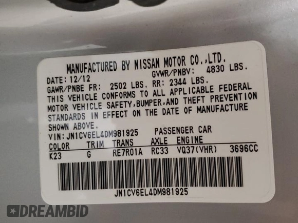 2013 Infiniti G37 x with VIN JN1CV6EL4DM981925, listed as a Copart auction lot 52787185 with Not Provided miles and Non Repairable. Bid and sale history available at DreamBid. Image 14.