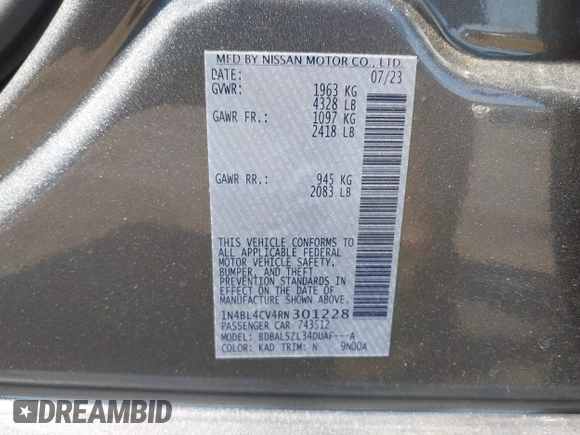 2024 Nissan Altima SR with VIN 1N4BL4CV4RN301228, listed as a IAAI auction lot 42117412 with 5,982 mi miles and . Bid and sale history available at DreamBid. Image 9.