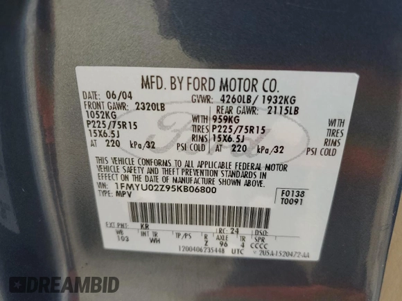 2005 Ford Escape XLS Value with VIN 1FMYU02Z95KB06800, listed as a Copart auction lot 68647114 with 204,081 mi miles and Salvage Title. Bid and sale history available at carsss.com. Image 15.
