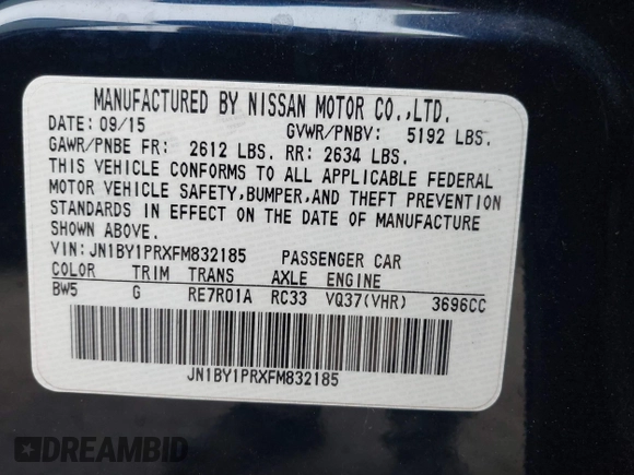2015 Infiniti Q70 with VIN JN1BY1PRXFM832185, listed as a IAAI auction lot 41801058 with 101,503 mi miles and . Bid and sale history available at DreamBid. Image 9.