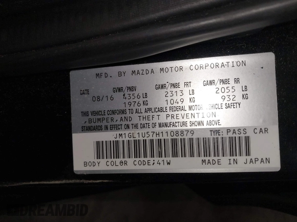 2017 Mazda Mazda6 Sport with VIN JM1GL1U57H1108879, listed as a IAAI auction lot 41669133 with 53,031 mi miles. Bid and sale history available at carsss.com. Image 9.