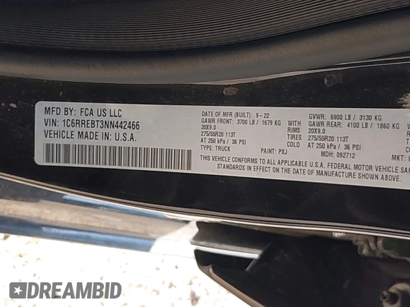 2022 Ram 1500 Big Horn with VIN 1C6RREBT3NN442466, listed as a IAAI auction lot 40734114 with 22,586 mi miles and . Bid and sale history available at DreamBid. Image 9.