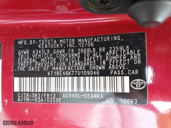 2007 Toyota Camry CE with VIN 4T1BE46K77U109046, listed as a IAAI auction lot 41870289 with 129,027 mi miles. Bid and sale history available at carsss.com. Image 9.