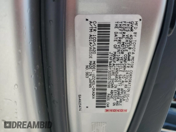 2002 Lexus SC 430 with VIN JTHFN48Y320007698, listed as a Copart auction lot 58675624 with Not Provided miles and Non Repairable. Bid and sale history available at DreamBid. Image 13.