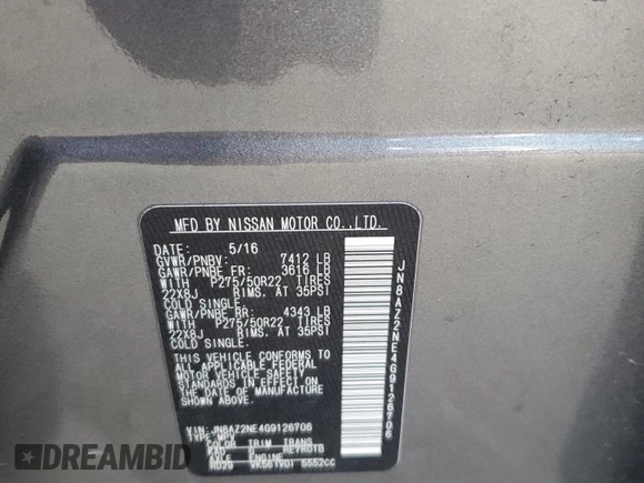 2016 Infiniti QX80 with VIN JN8AZ2NE4G9126706, listed as a Copart auction lot 48589555 with 151,940 mi miles and Salvage Title. Bid and sale history available at DreamBid. Image 15.