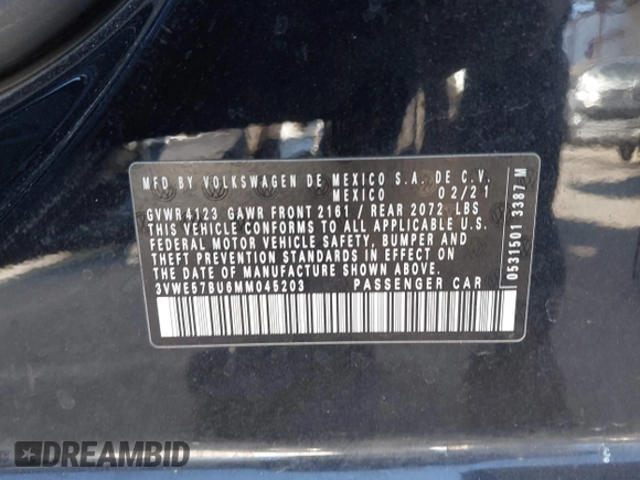 2021 Volkswagen Jetta SEL with VIN 3VWE57BU6MM045203, listed as a IAAI auction lot 41347591 with 46,927 mi miles and . Bid and sale history available at DreamBid. Image 9.