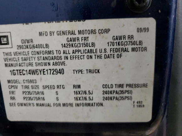 2000 GMC New Sierra 1500 SL with VIN 1GTEC14W6YE172940, listed as a Copart auction lot 45002455 with NaN miles and Salvage Title. Bid and sale history available at carsss.com. Image 12.