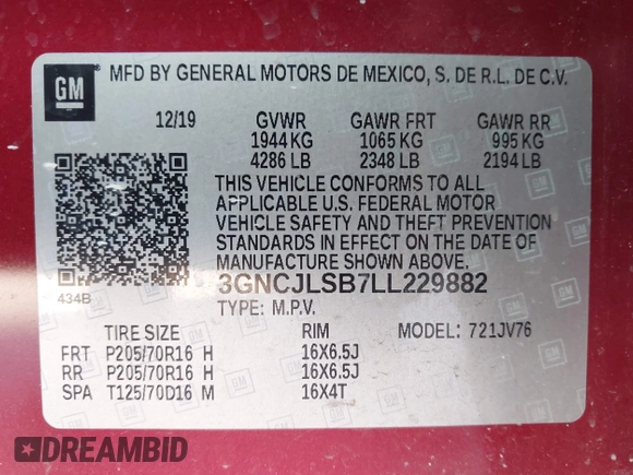 2020 Chevrolet Trax LT with VIN 3GNCJLSB7LL229882, listed as a IAAI auction lot 42005834 with 38,975 mi miles and . Bid and sale history available at DreamBid. Image 9.