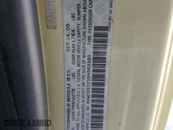 2005 Volkswagen Beetle GLS с VIN 3VWCM31Y15M363190, выставлен на аукционе Copart как лот 46167995 с пробегом Не указан миль и Списание • Salvage title. История ставок и продаж доступна на DreamBid. Изображение 12.