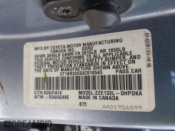 2003 Toyota Matrix Std with VIN 2T1KR32E03C010563, listed as a IAAI auction lot 41704263 with 145,770 mi miles and . Bid and sale history available at DreamBid. Image 9.