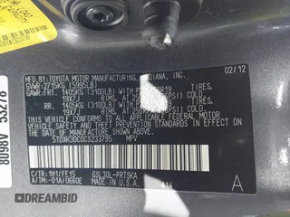 2012 Toyota Sienna SE with VIN 5TDXK3DC0CS233795, listed as a IAAI auction lot 41630513 with 102,766 mi miles. Bid and sale history available at carsss.com. Image 9.
