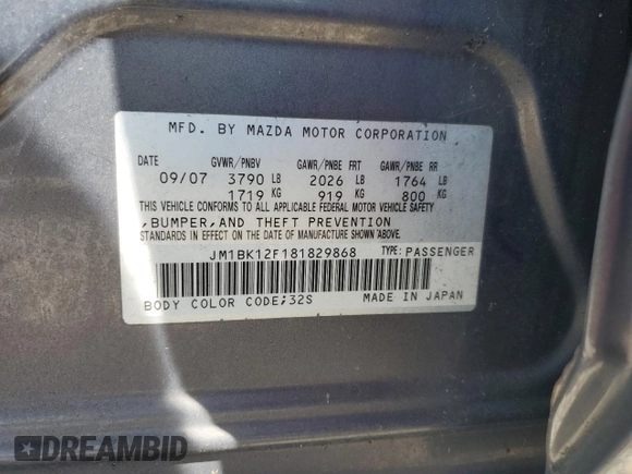 2008 Mazda 3 i Sport with VIN JM1BK12F181829868, listed as a Copart auction lot 49273215 with 49,940 mi miles and Clean Title. Bid and sale history available at DreamBid. Image 12.