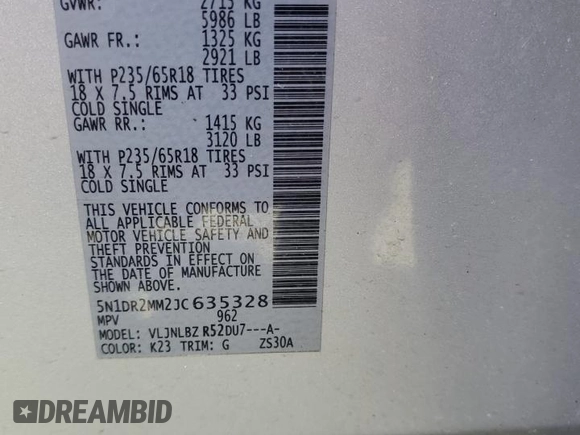 2018 Nissan Pathfinder S with VIN 5N1DR2MM2JC635328, listed as a Copart auction lot 48247665 with 91,720 mi miles and Salvage Title. Bid and sale history available at DreamBid. Image 13.