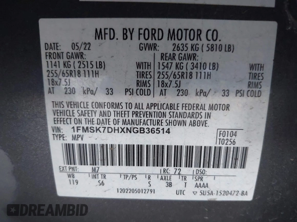2022 Ford Explorer XLT z VIN 1FMSK7DHXNGB36514, wystawiony jako IAAI lot #42310723 z przebiegiem 44 198 mil mil oraz . Historia ofert i sprzedaży dostępna na DreamBid. Obrazek 9.