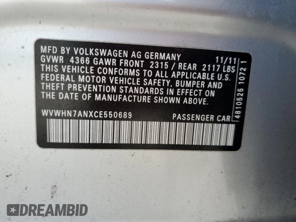 2012 Volkswagen CC Lux z VIN WVWHN7ANXCE550689, wystawiony jako Copart lot #44375555 z przebiegiem 108 156 mil mil oraz Czysty tytuł • Clean title. Historia ofert i sprzedaży dostępna na DreamBid. Obrazek 12.