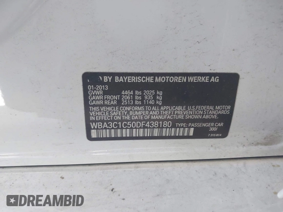 2013 BMW 3 Series 328i with VIN WBA3C1C50DF438180, listed as a IAAI auction lot 42082401 with 206,412 mi miles. Bid and sale history available at carsss.com. Image 9.