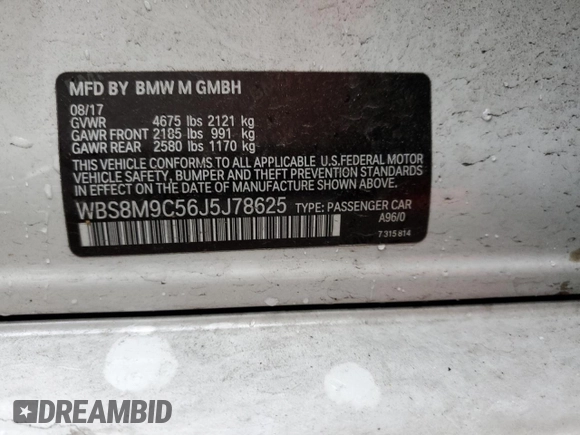 2018 BMW M3 with VIN WBS8M9C56J5J78625, listed as a Copart auction lot 44383863 with 0 mi miles. Bid and sale history available at carsss.com. Image 12.