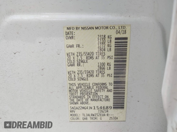 2018 Nissan Murano SV z VIN 5N1AZ2MG4JN154689, wystawiony jako IAAI lot #42287787 z przebiegiem 92 449 mil mil oraz . Historia ofert i sprzedaży dostępna na DreamBid. Obrazek 9.