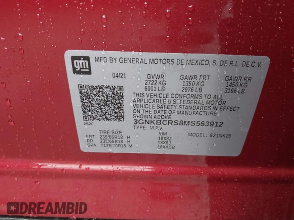 2021 Chevrolet Blazer LT z VIN 3GNKBCRS8MS563912, wystawiony jako IAAI lot #42209536 z przebiegiem Nie podano mil oraz . Historia ofert i sprzedaży dostępna na DreamBid. Obrazek 9.