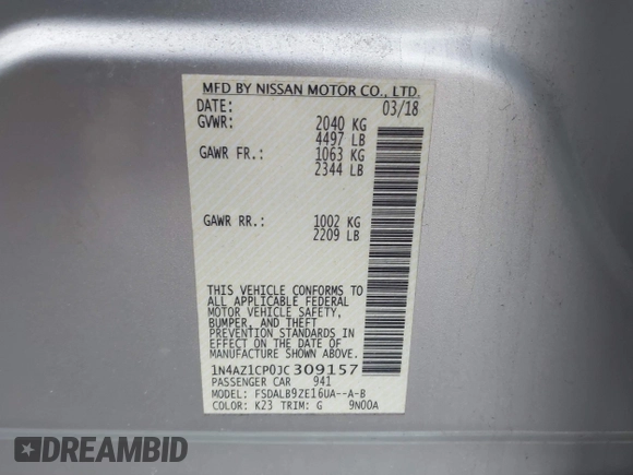 2018 Nissan LEAF SL with VIN 1N4AZ1CP0JC309157, listed as a IAAI auction lot 41902203 with 73,354 mi miles and . Bid and sale history available at DreamBid. Image 9.