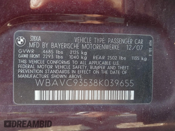 2008 BMW 3 Series 328xi with VIN WBAVC93538K039655, listed as a IAAI auction lot 40001472 with 175,416 mi miles. Bid and sale history available at carsss.com. Image 9.