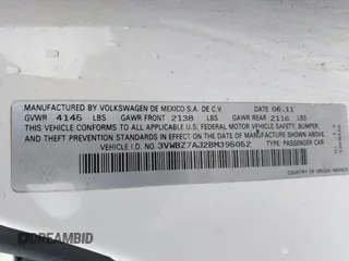 2011 Volkswagen Jetta SE с VIN 3VWBZ7AJ2BM395052, выставлен на аукционе IAAI как лот 42333569 с пробегом 148 986 миль миль и . История ставок и продаж доступна на DreamBid. Изображение 9.