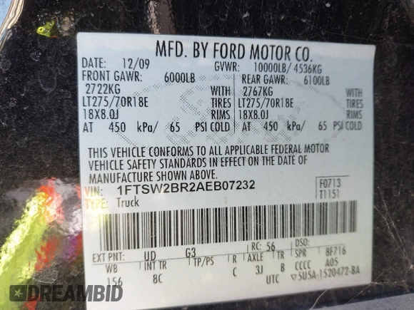 2010 Ford Super Duty F-250 SRW XL with VIN 1FTSW2BR2AEB07232, listed as a IAAI auction lot 41419000 with 124,081 mi miles. Bid and sale history available at carsss.com. Image 9.