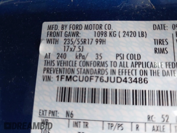 2018 Ford Escape S with VIN 1FMCU0F76JUD43486, listed as a IAAI auction lot 41610133 with 128,479 mi miles and . Bid and sale history available at DreamBid. Image 9.
