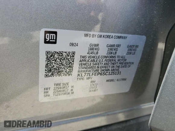 2025 Chevrolet Trax LS with VIN KL77LFEP6SC125131, listed as a Copart auction lot 50564795 with 9,460 mi miles and Salvage Title. Bid and sale history available at DreamBid. Image 14.