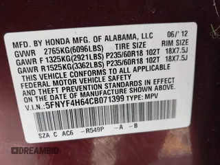 2012 Honda Pilot EX-L with VIN 5FNYF4H64CB071399, listed as a IAAI auction lot 42458976 with 91,026 mi miles and . Bid and sale history available at DreamBid. Image 9.