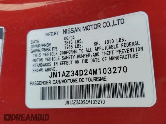 2004 Nissan 350Z Enthusiast with VIN JN1AZ34D24M103270, listed as a Copart auction lot 42976215 with 201,915 mi miles and Salvage Title. Bid and sale history available at DreamBid. Image 12.