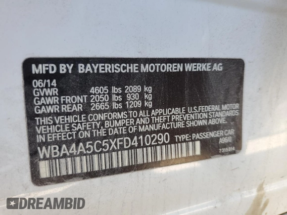 2015 BMW 4 Series 428i with VIN WBA4A5C5XFD410290, listed as a Copart auction lot 49067335 with 165,283 mi miles and Clean Title. Bid and sale history available at DreamBid. Image 12.