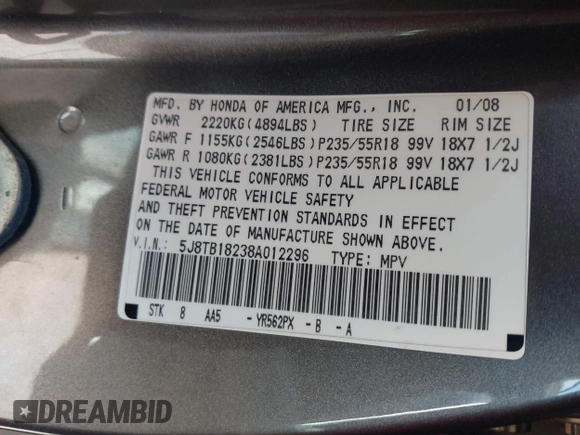 2008 Acura RDX with VIN 5J8TB18238A012296, listed as a IAAI auction lot 41988955 with 193,652 mi miles and . Bid and sale history available at carsss.com. Image 9.