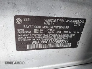 2013 BMW 3 Series 335i xDrive with VIN WBA3B9G52DNR90099, listed as a IAAI auction lot 41195265 with 116,320 mi miles and . Bid and sale history available at DreamBid. Image 9.