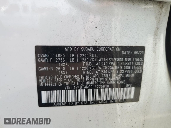 2020 Subaru Outback Limited with VIN 4S4BTANC0L3225610, listed as a Copart auction lot 61607375 with Not provided miles and Salvage title. Bid and sale history available at DreamBid. Image 12.